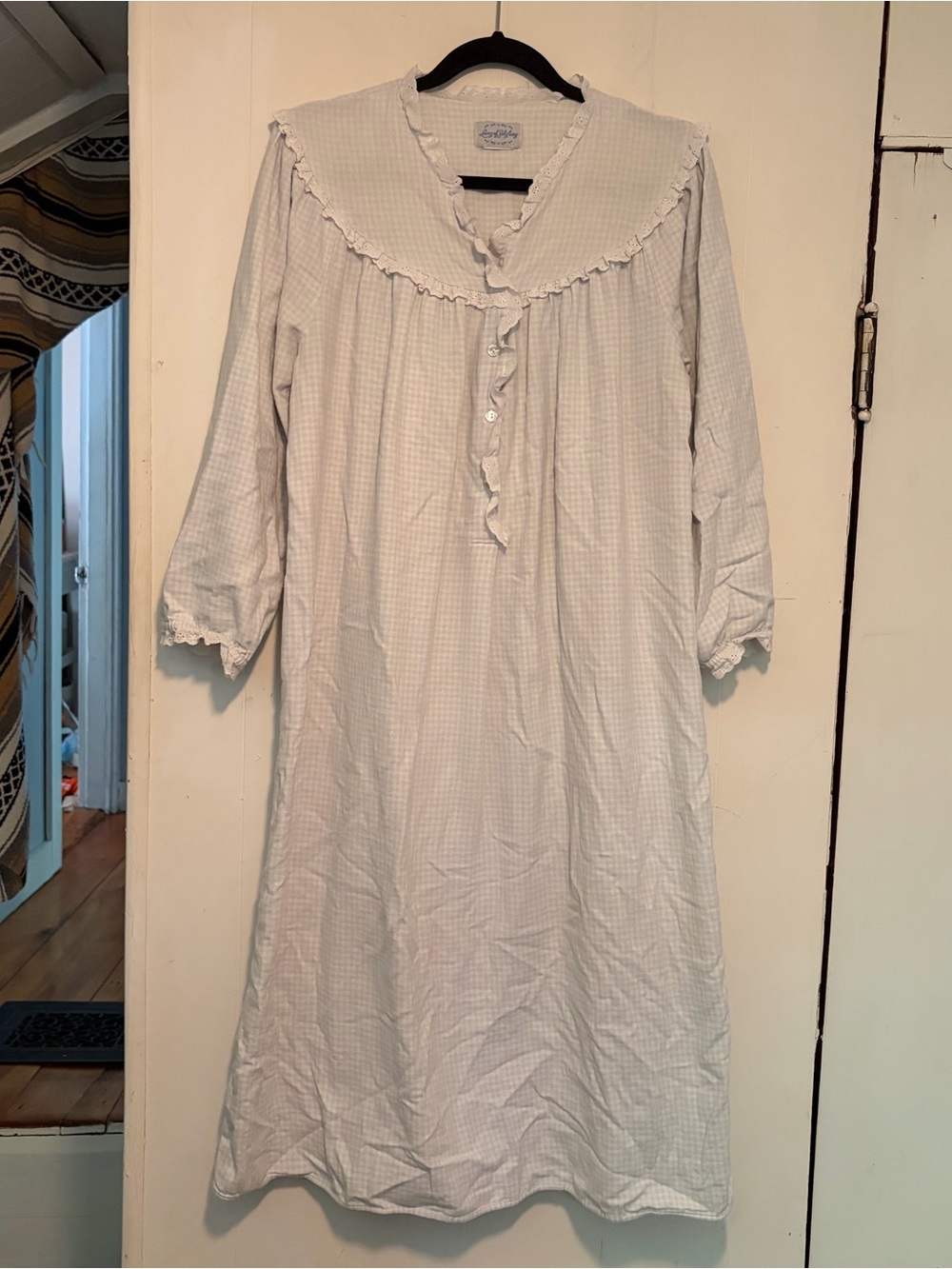 Vintage Lanz of Salzburg White + blue checkered Ruffled Cotton Nightgown